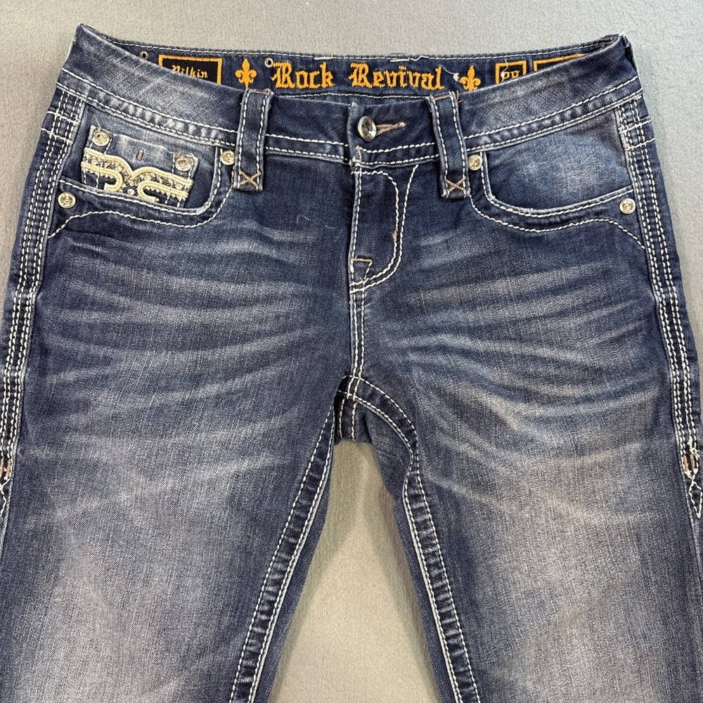 Rock Revival pILKIN crop jeans wOMEN 28x  28.5 embroidered HICK sTITCH wHISKErs - Picture 4 of 10
